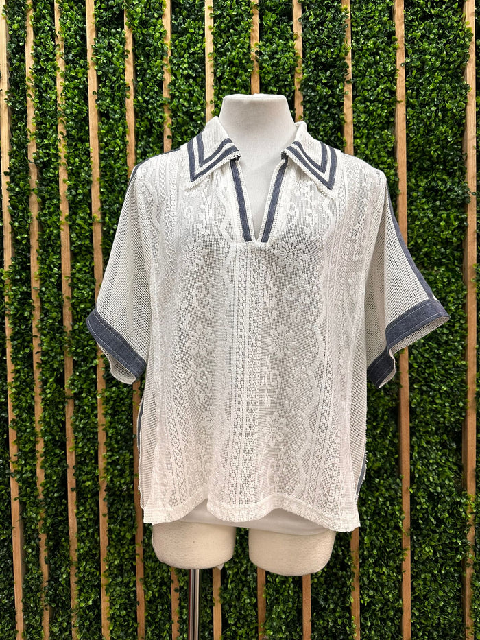 Denim Trim White Lace Button Down Blouse