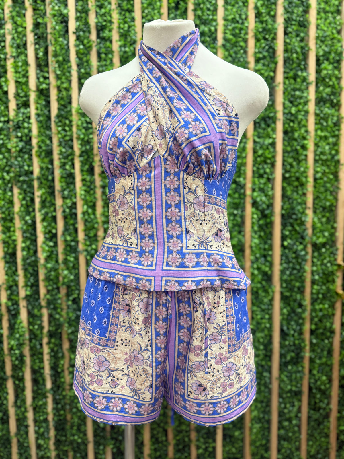 Blue Printed Patchwork Smocked Waist Shorts