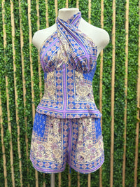 Blue Printed Patchwork Smocked Waist Shorts