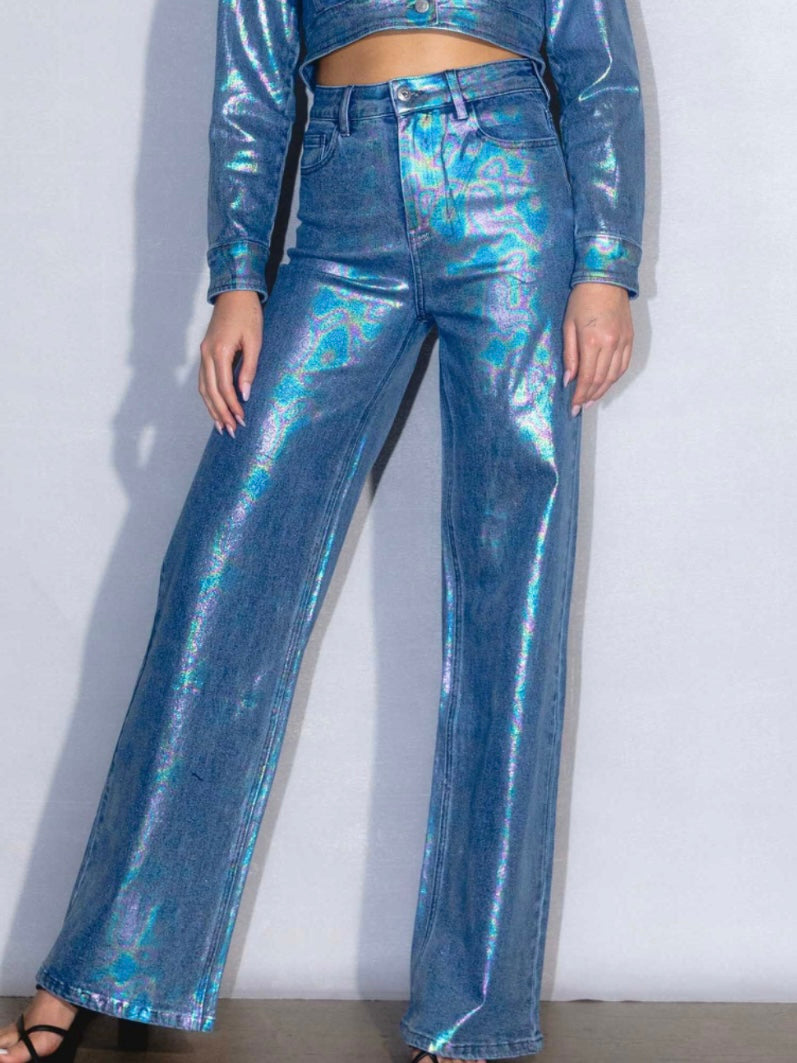 Blue Iridescent High Rise Wide Leg jeans