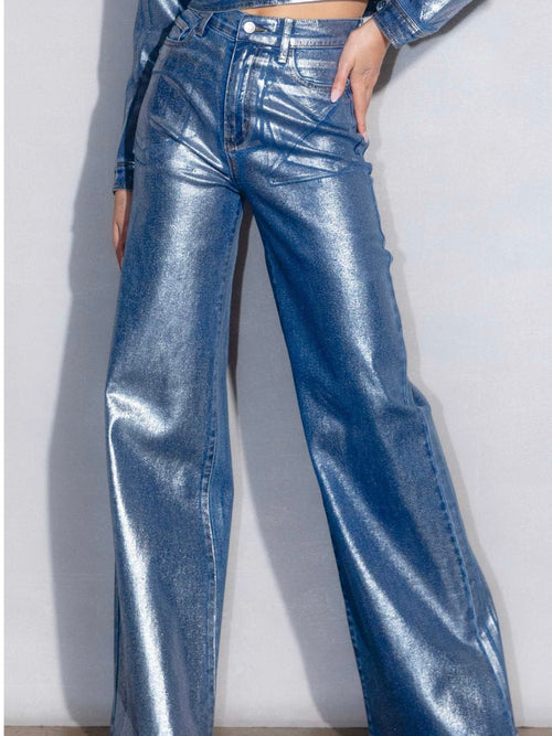 Metallic Silver Wide Leg Jeans