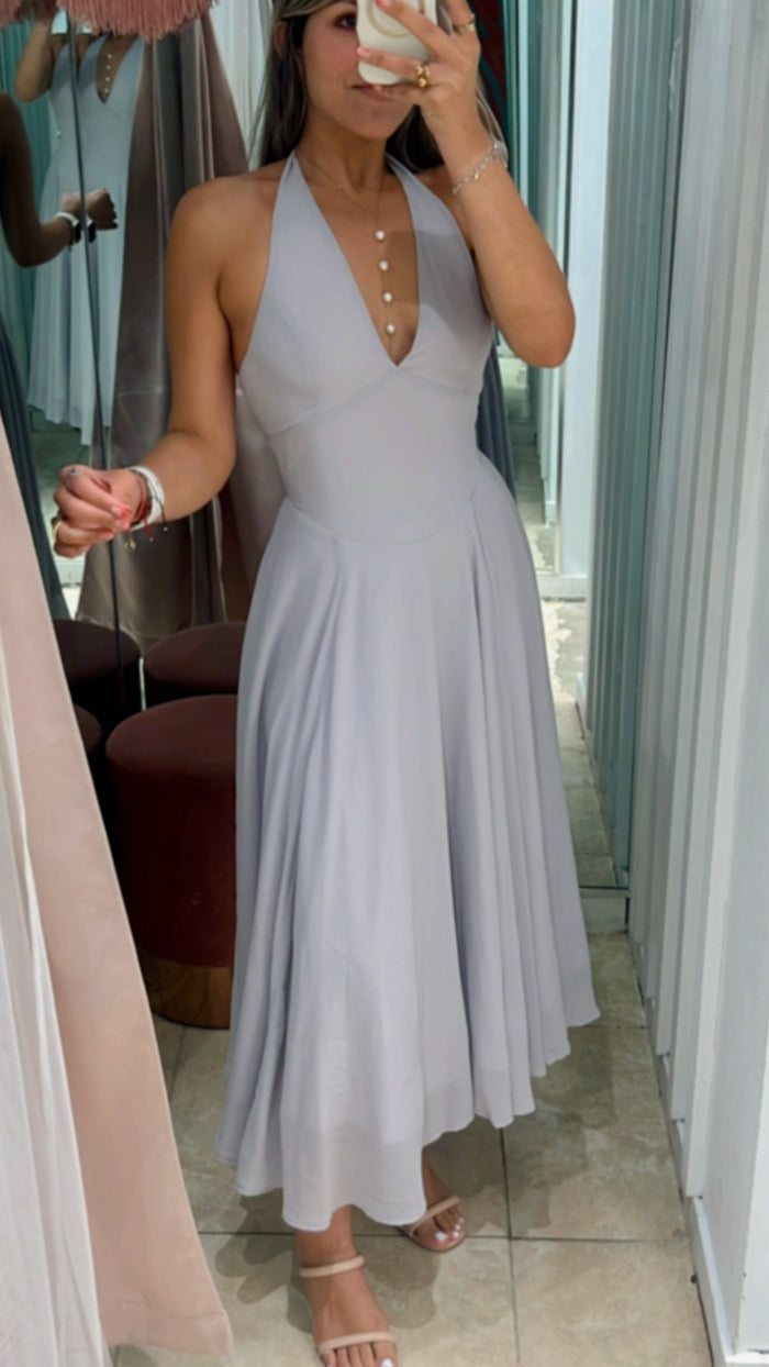 Light Grey Plunge Neckline Halter Flare Chiffon Midi Dress