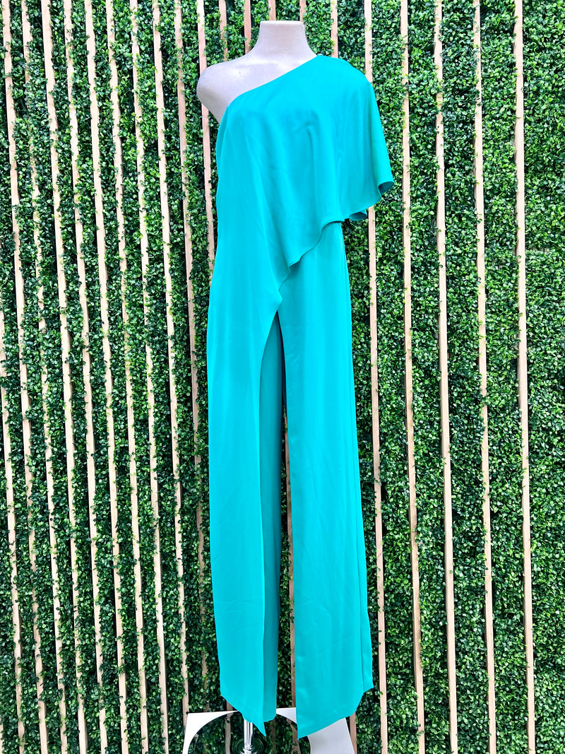 Beautiful Green Draped Dressy One Shoulder Jumpsuit