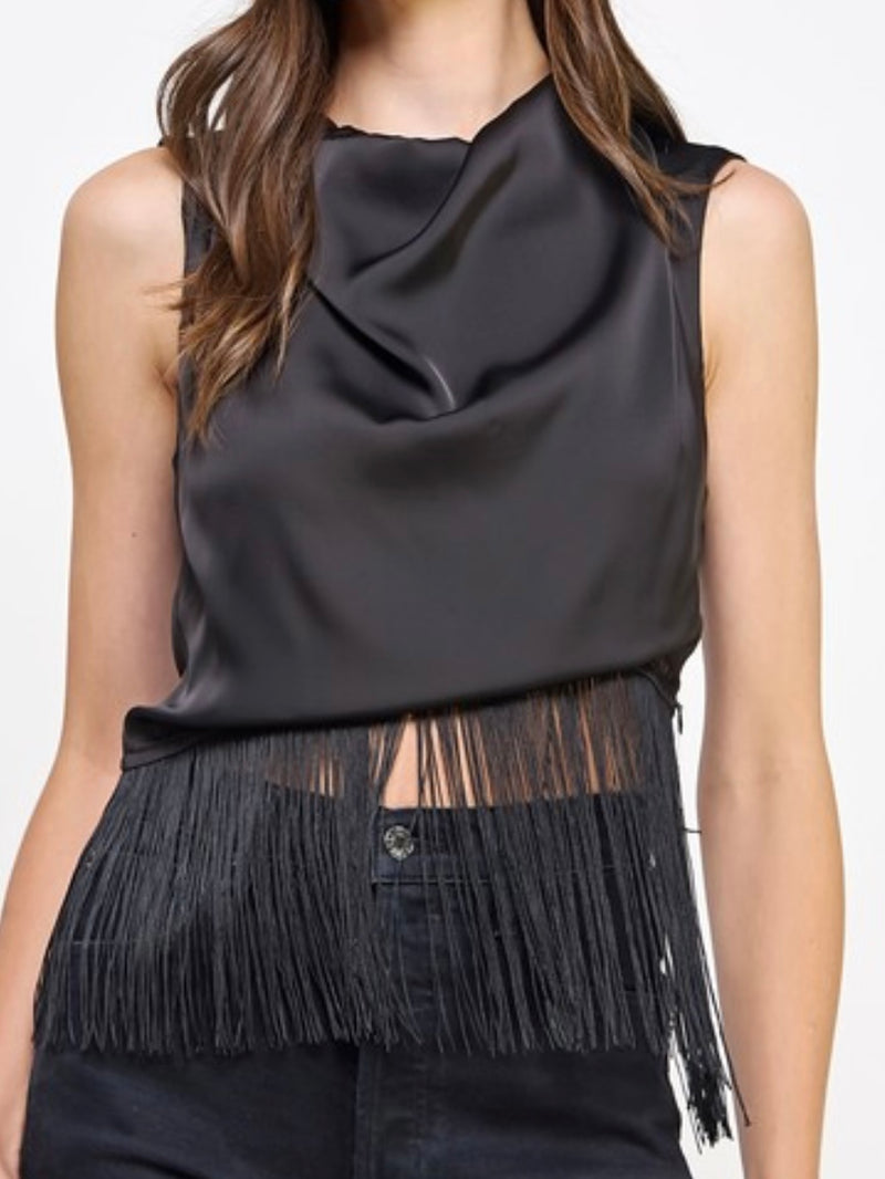 Cowl Neck Fringed Satin Top