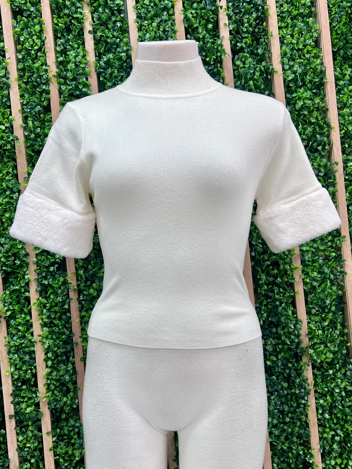 Ivory Fur Sleeves Mock Neck Crop Top