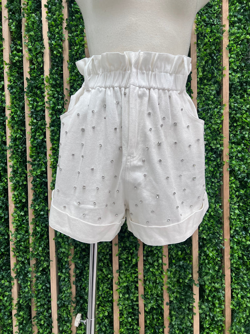 Ivory Rhinestone Detail Denim Short