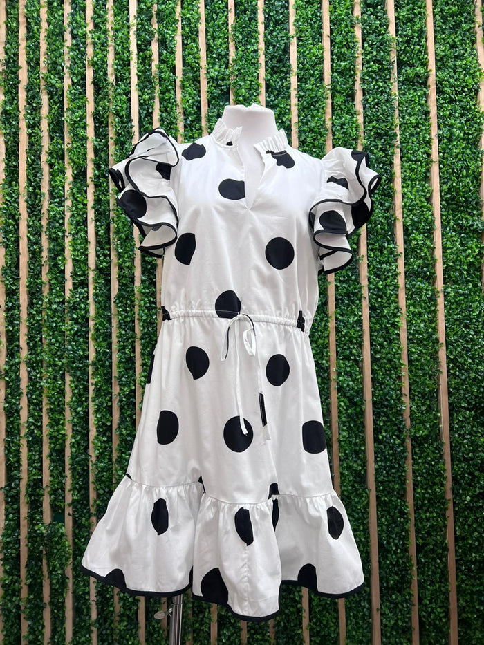 White Polka Dot Ruffle Shift Mini Dress