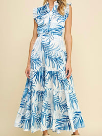 Beautiful Blue Leaves Angel Sleeve Maxi Dress