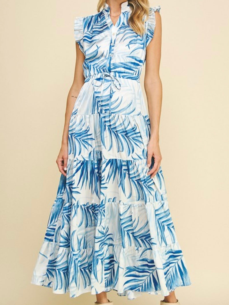 Beautiful Blue Leaves Angel Sleeve Maxi Dress