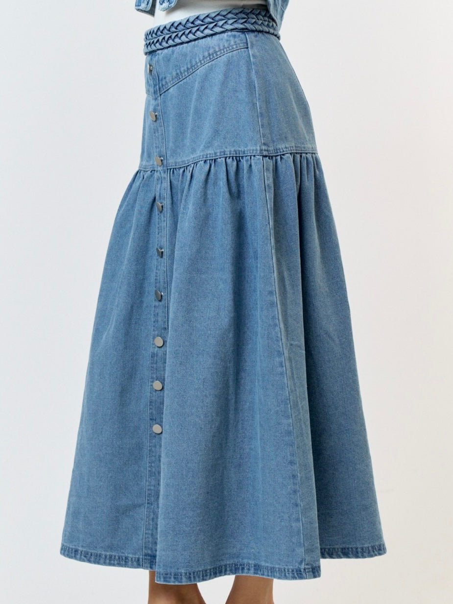 Braided Trim Denim Midi Skirt