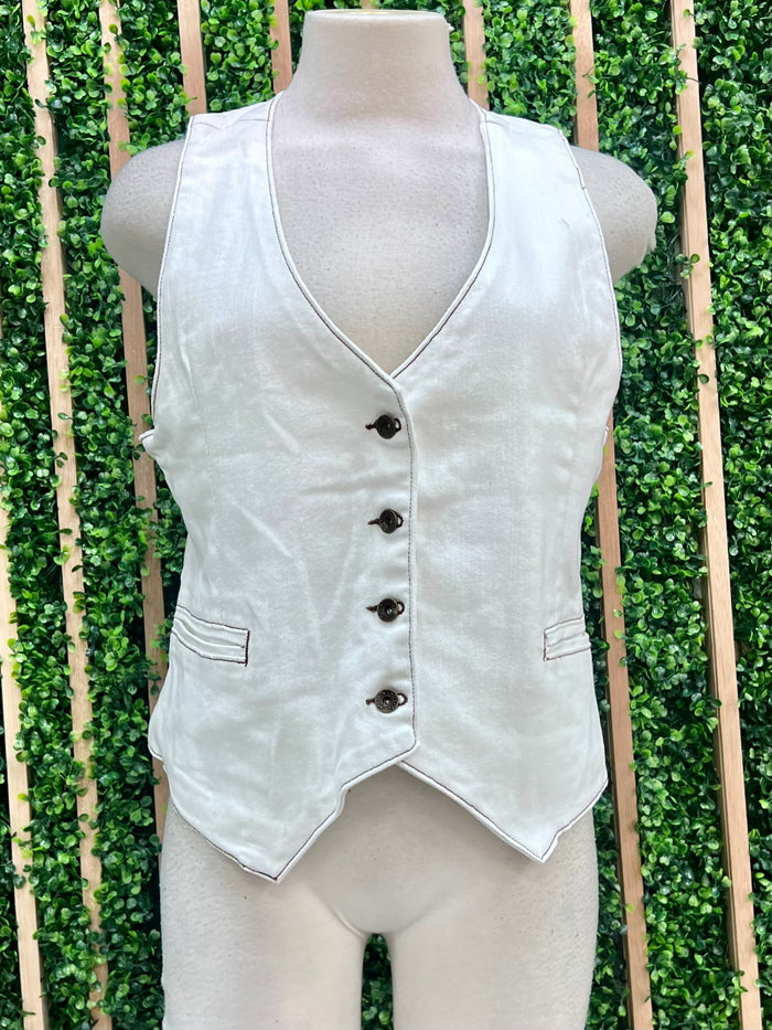Structured Long White Denim Vest