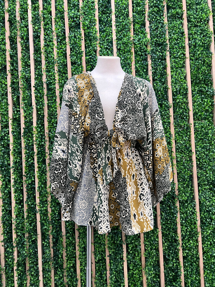 Green Print Batwig Sleeve Romper