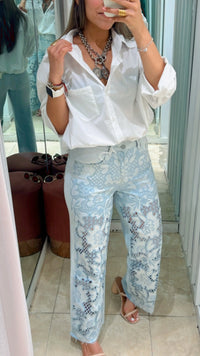 Blue Floral Lace Legs Wide Leg Denim Pant