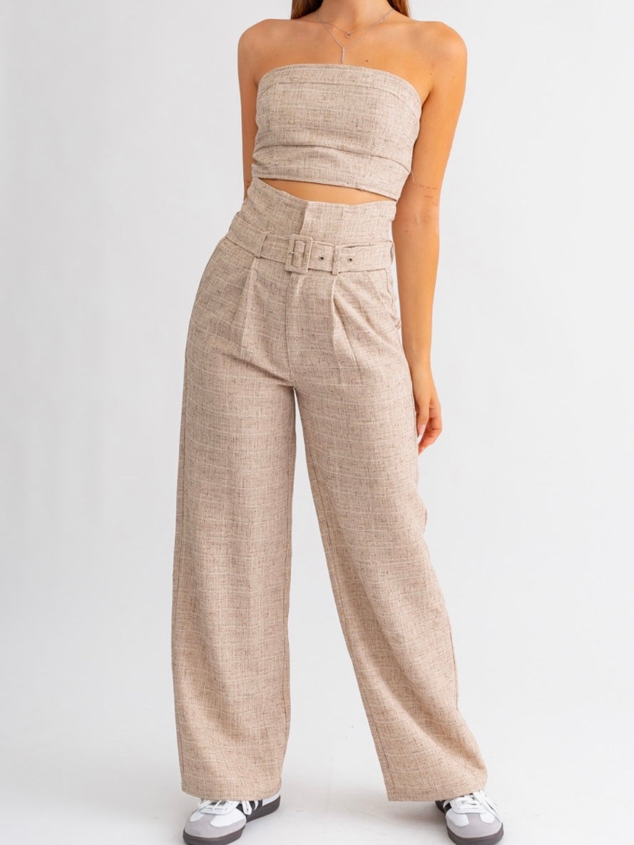 Taupe Textured Belted High Waist Pant
