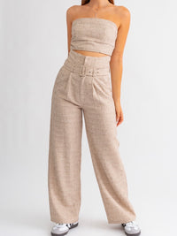 Taupe Textured Belted High Waist Pant
