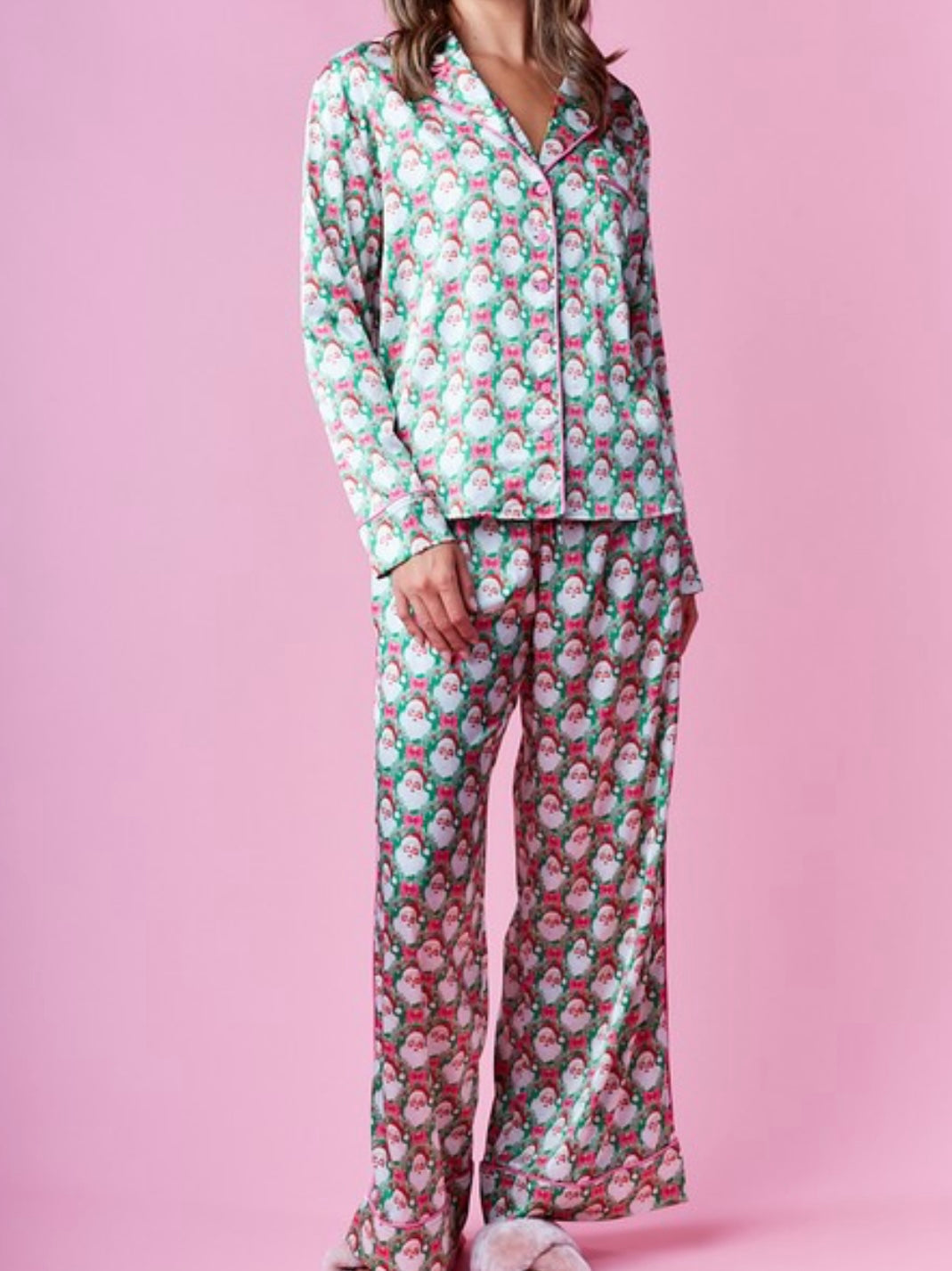 Santa Print Satin PJ Set