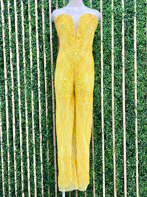 Exquisite Sweetheart Strapless Yellow Sequin Embroidered Jumpsuit