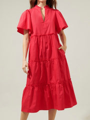 Beautiful Red Split Neck Midi Dress
