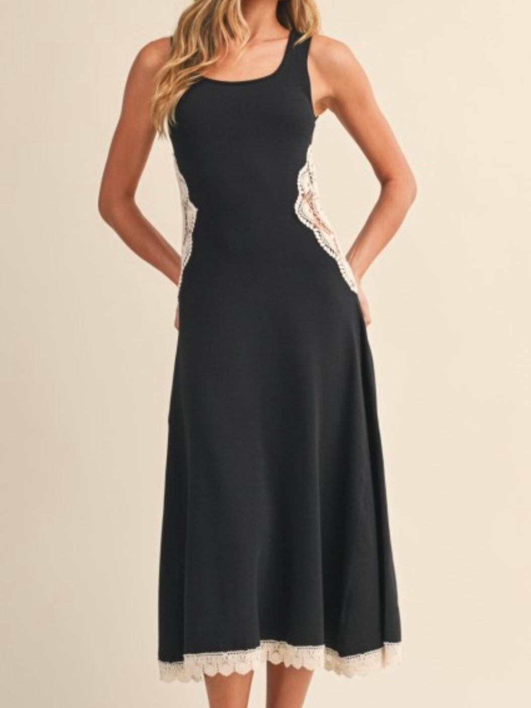 Black Side Crochet Scoop Neck Midi Dress