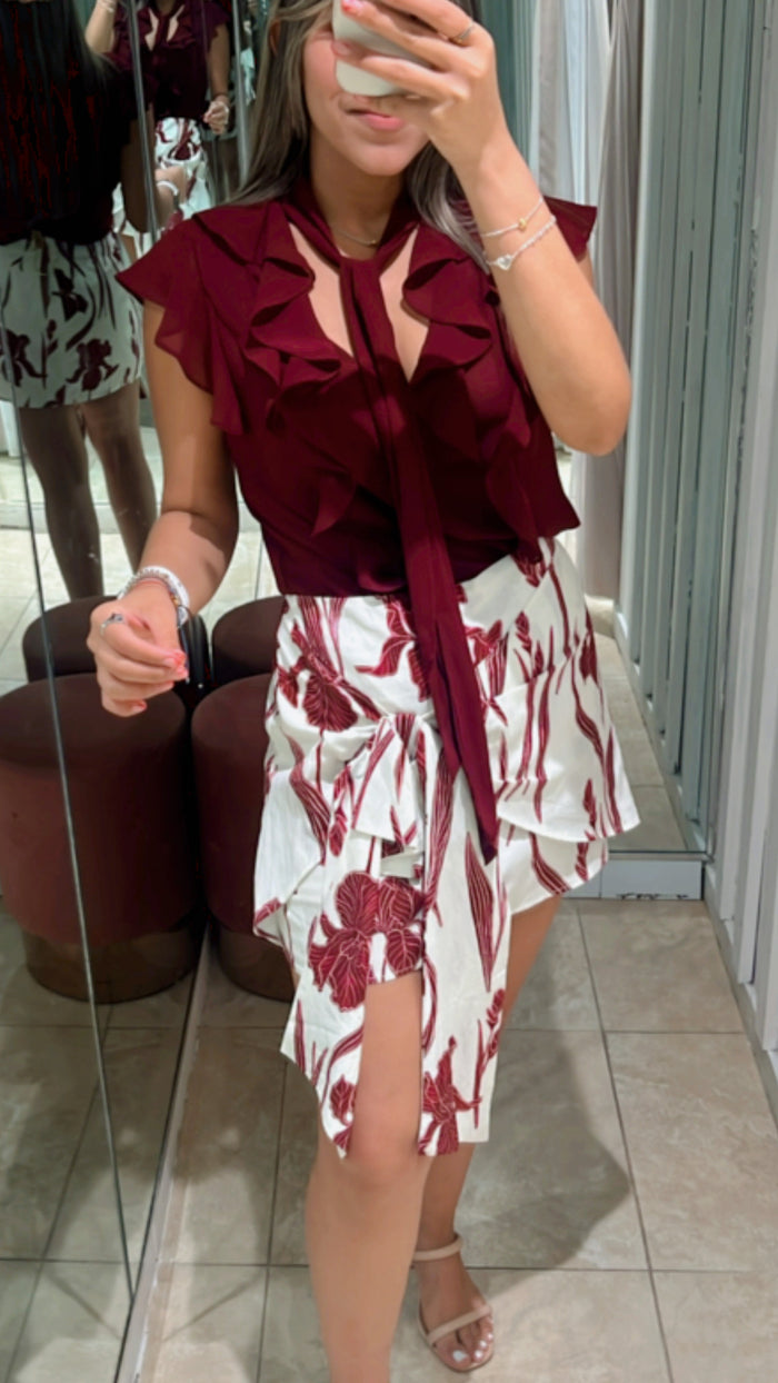 Burgundy Ruffled Short Sleeve With Scarf Chiffon Top