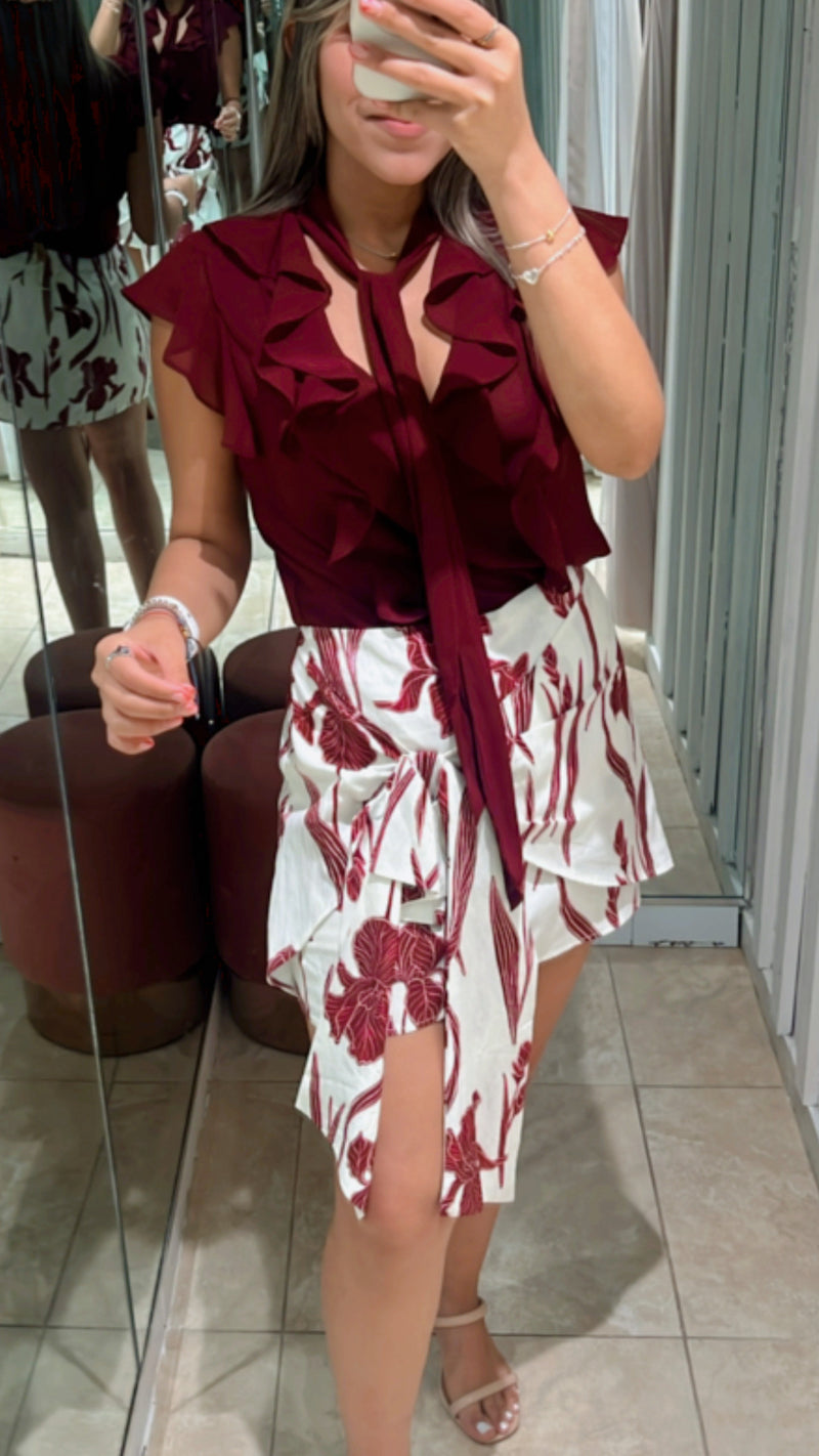 Burgundy Ruffled Short Sleeve With Scarf Chiffon Top