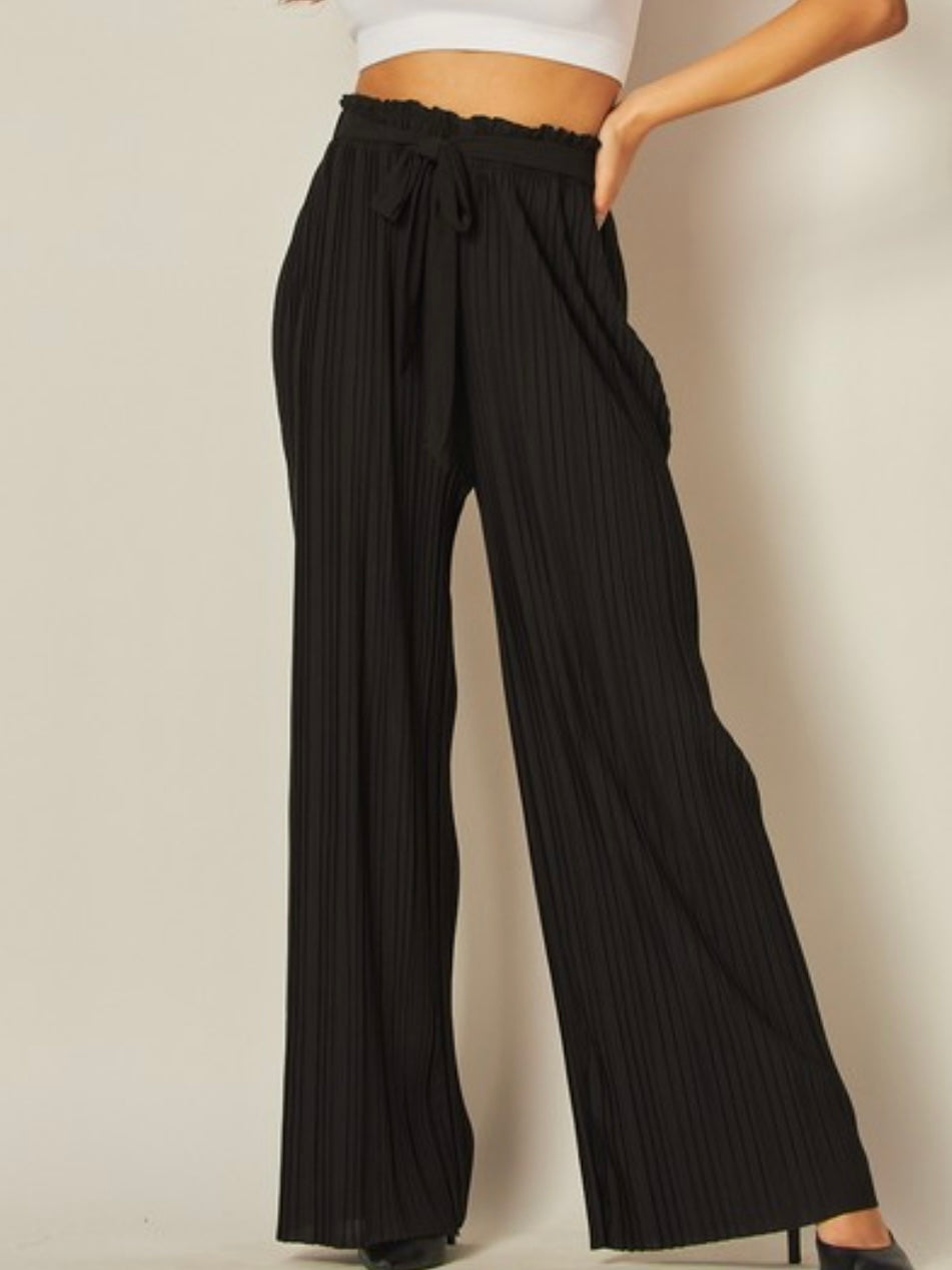 Ribbed Paper Bag Self Tie Wide Leg Pants