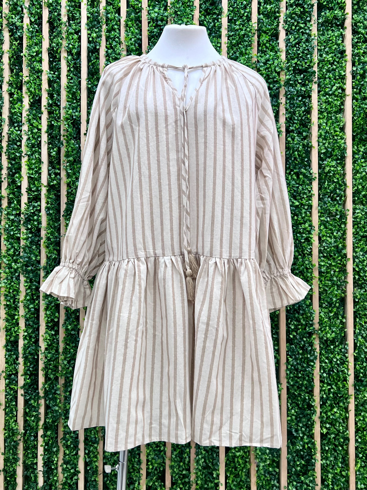 Beige Lurex Striped Short Dropwaist Dress