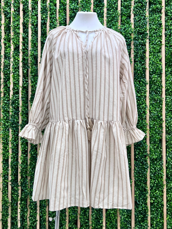 Beige Lurex Striped Short Dropwaist Dress