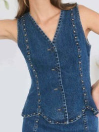 Studded Dark Denim Scalloped Vest Top