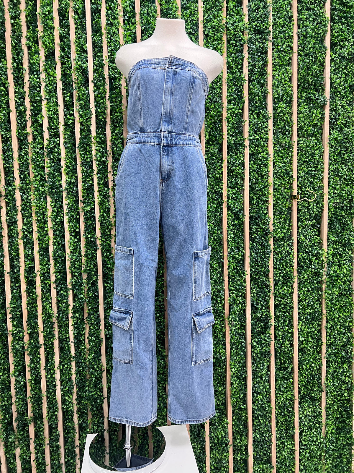 Washed Strapless Cargo Denim Jumpsuit