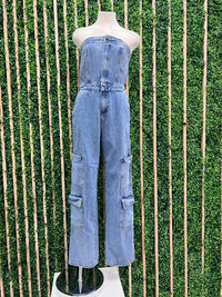 Washed Strapless Cargo Denim Jumpsuit