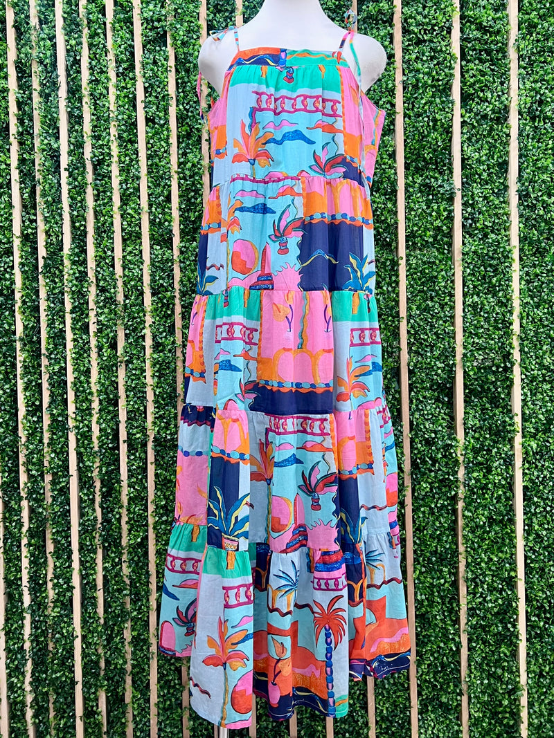 Blue Multi Tropical Shoulder Tie Tiered Maxi Dress