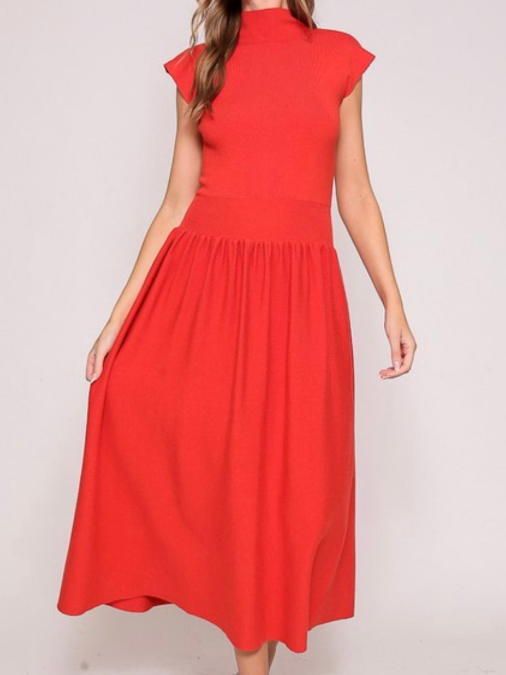 Red High Neck Knitted A Line Midi Dress
