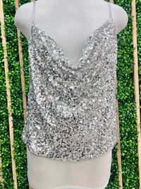 Silver Sequin Cowl Neck Top