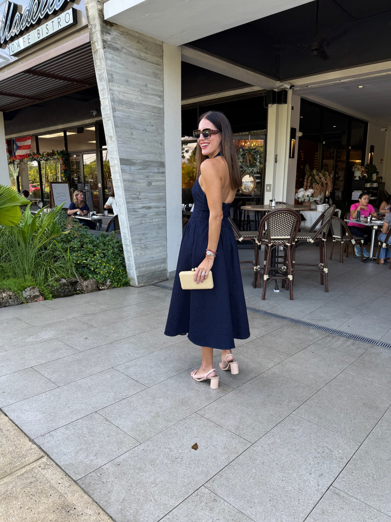 Beautiful Dark Denim Halter Midi Dress