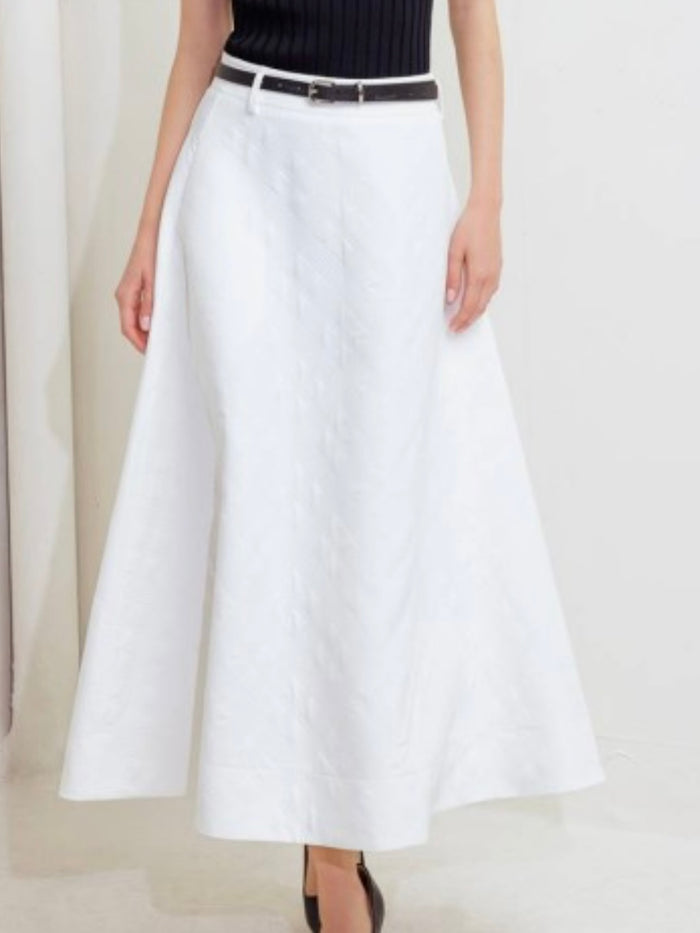 White Textured and Belted A Line Midi Skirt