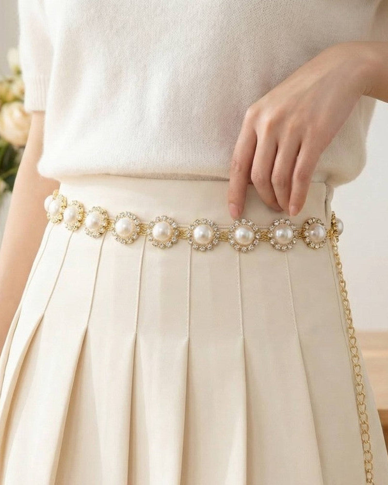 Pearl And Rhinestone Disc Chain Belt