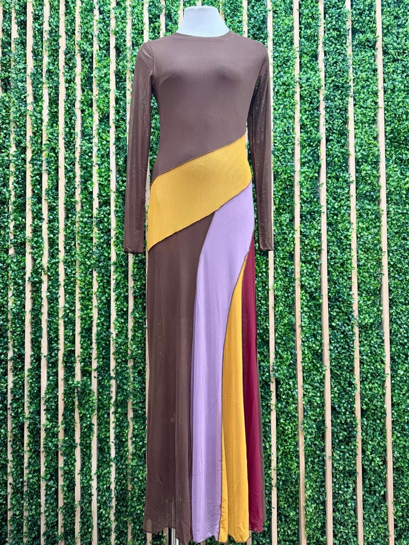 Color Block Long Sleeve Maxi Dress – Chocolate, Mustard, Lilac & Burgundy
