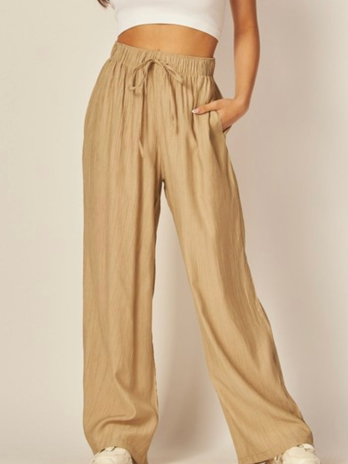 Khaki High Waist Textured Wide Leg Pant