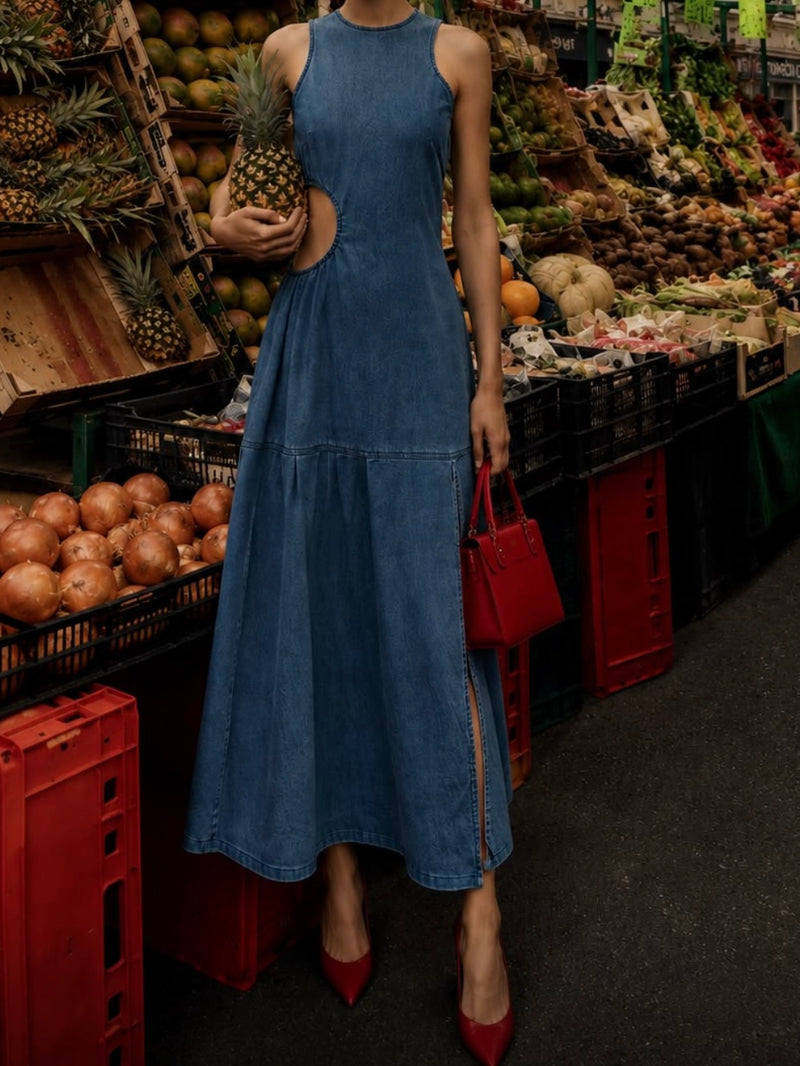 High Neck Denim Cutout Maxi Dress