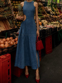 High Neck Denim Cutout Maxi Dress