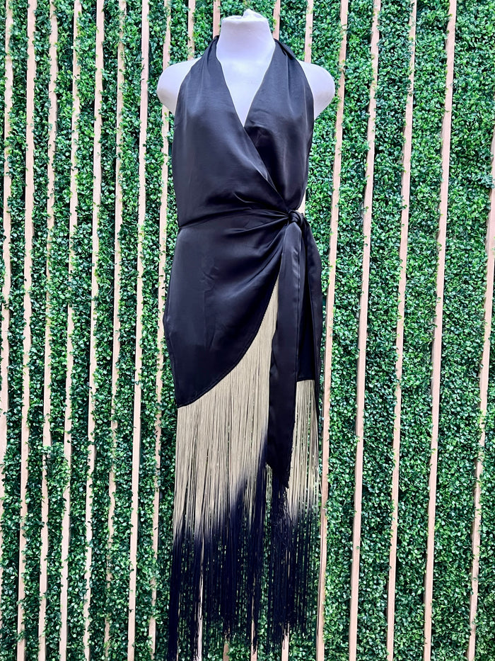 Fringe Halter Wrap Maxi Dress