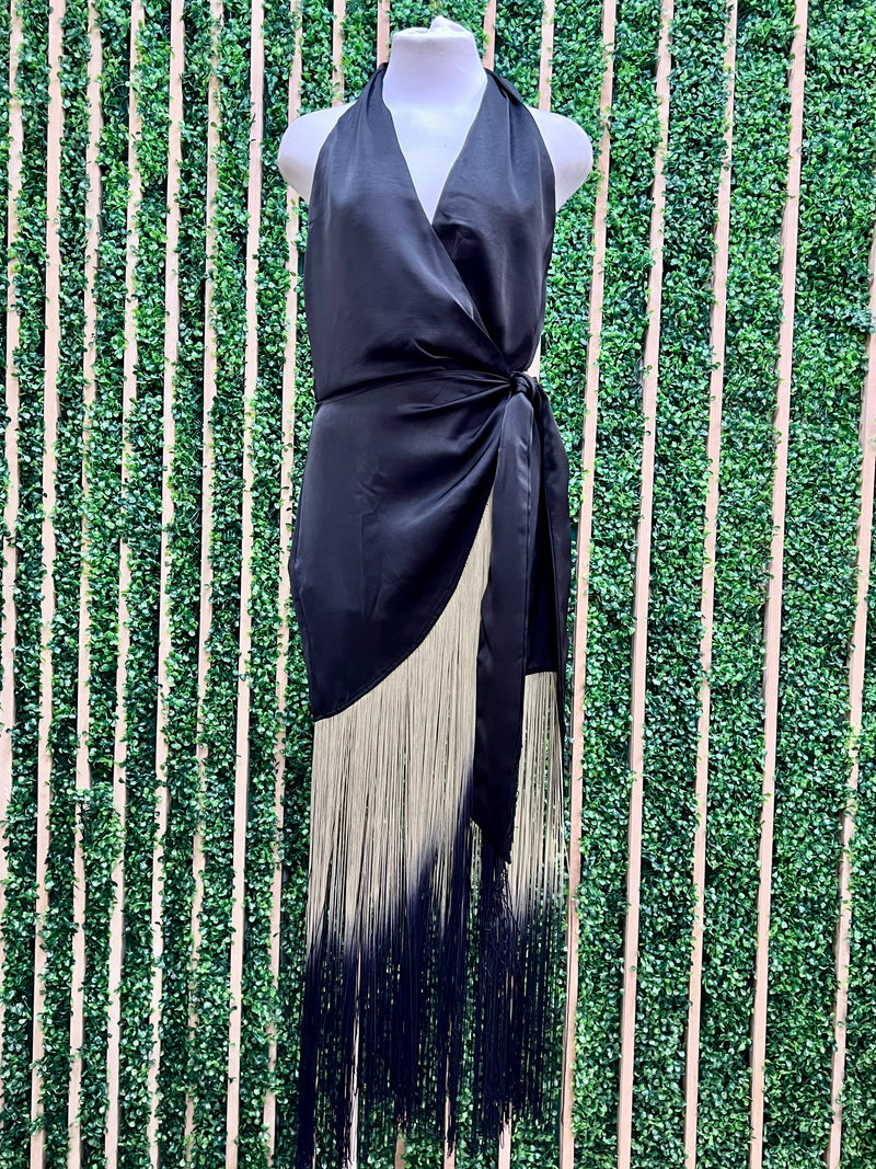 Fringe Halter Wrap Maxi Dress