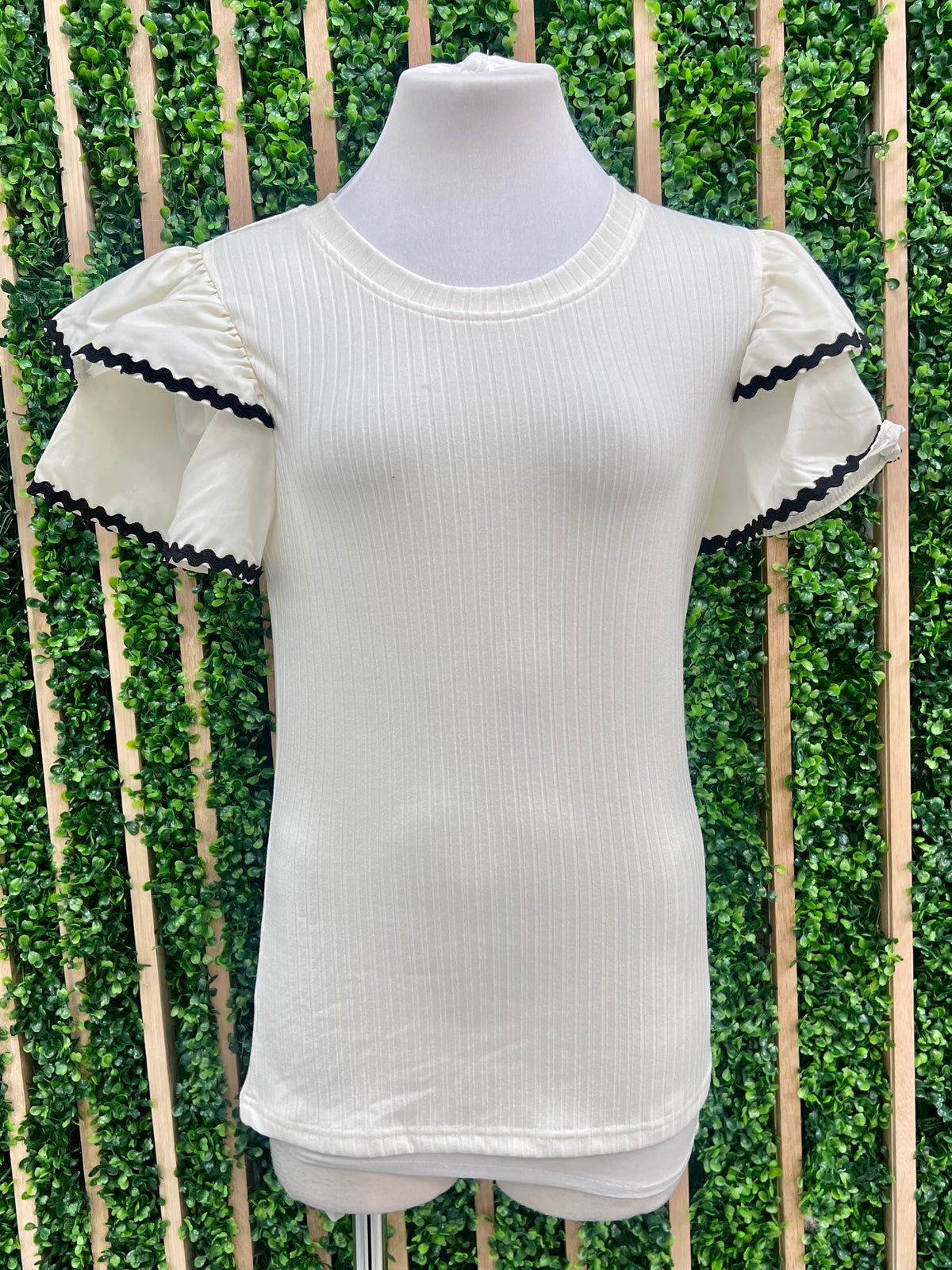 White Black Rig Rag Trim Angel Sleeve Blouse