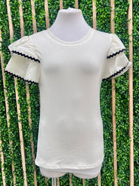 White Black Rig Rag Trim Angel Sleeve Blouse