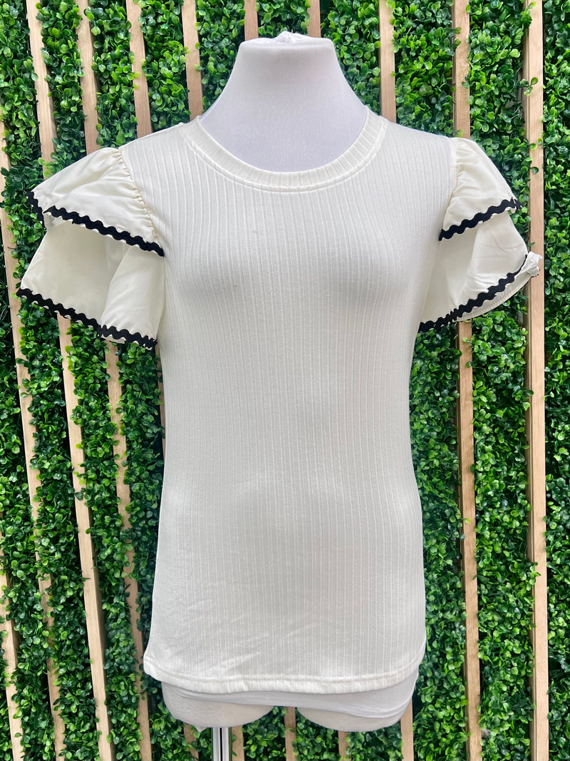 White Black Rig Rag Trim Angel Sleeve Blouse