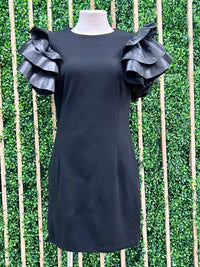 Black Faux Leather Ruffled Sleeves Short Dress