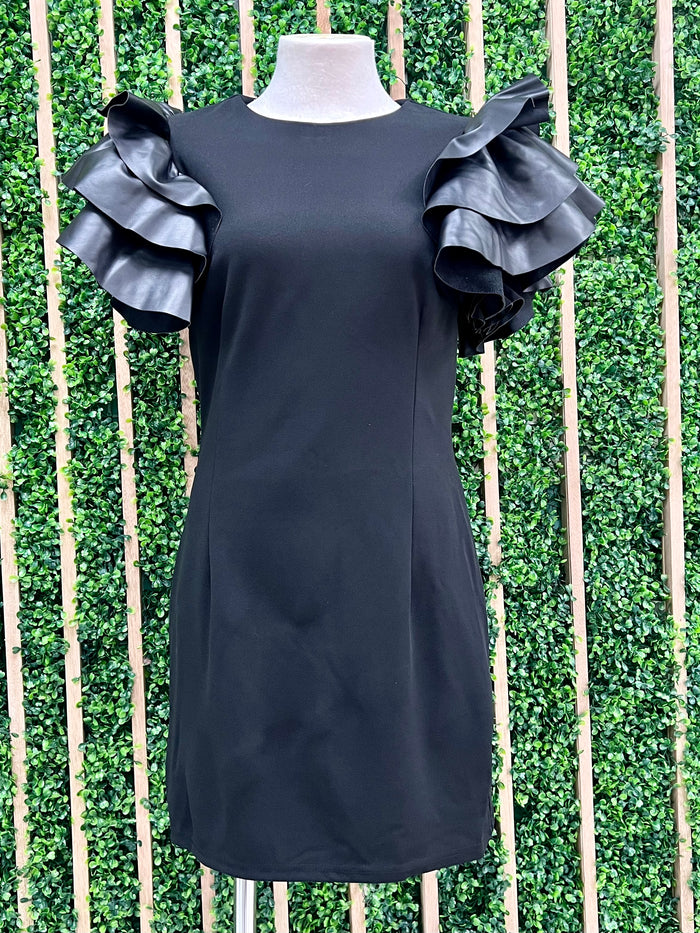 Black Faux Leather Ruffled Sleeves Short Dress