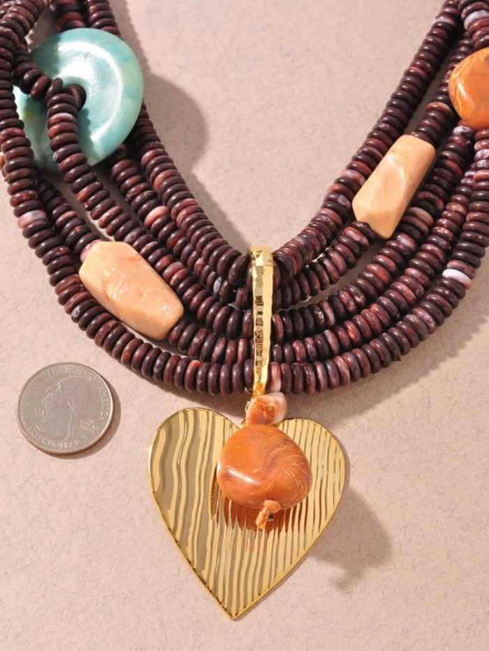 Boho Layered Wood Bead Heart Necklace