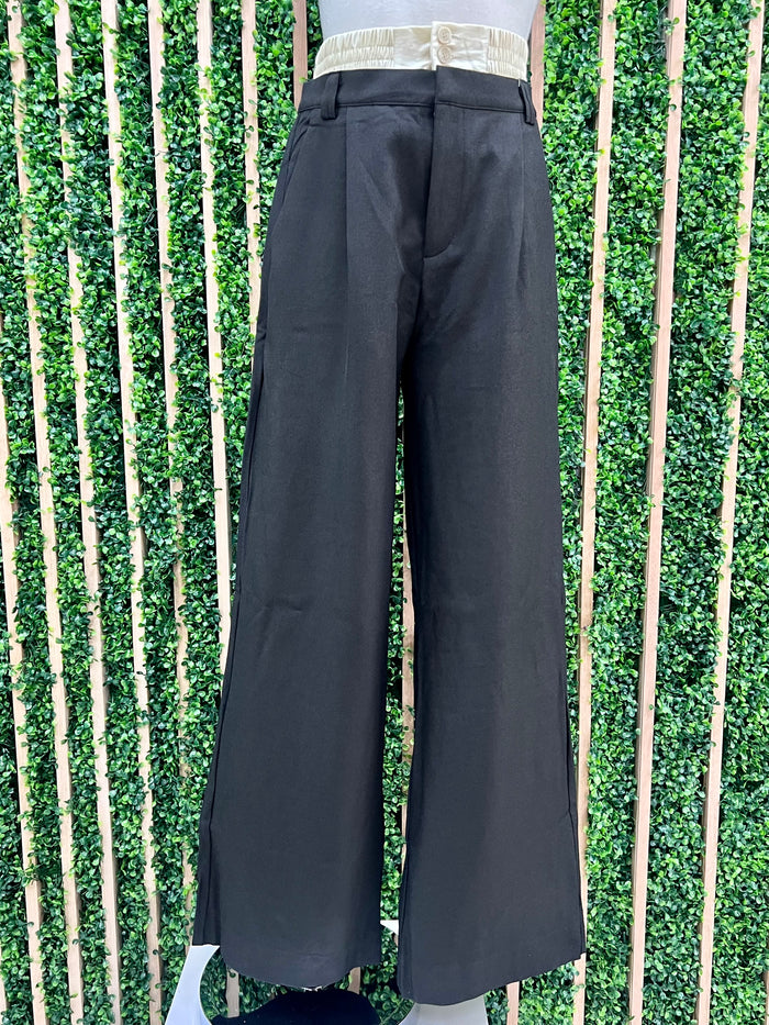 Exquisite Black Contrast Waist Wide Leg Pant